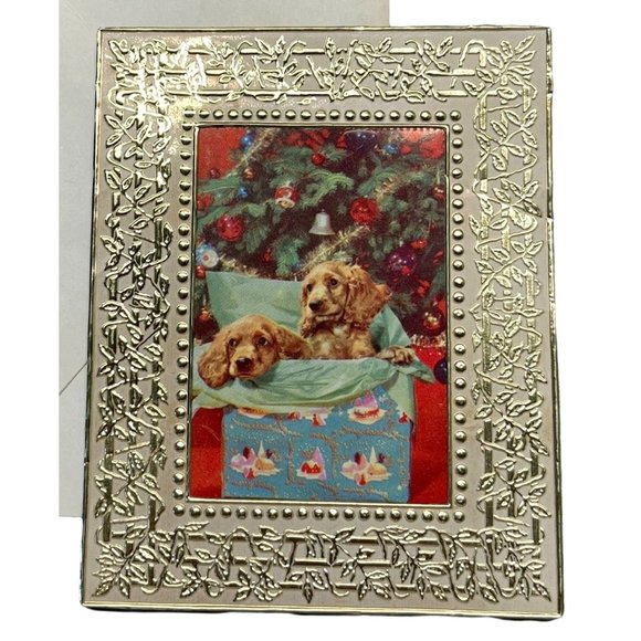 Christmas Greeting Card Cocker Spaniel Dogs Metallic Gold Frame Unused Vintage - Picture 1 of 7